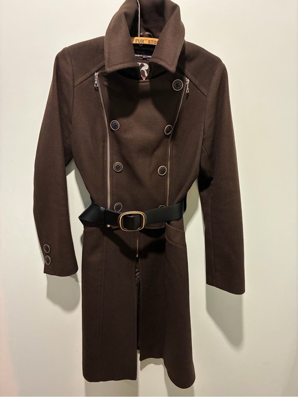 RUDSAK Women’s Wool Double-Breasted Trench Coat in Dark Brown with Belt Large
